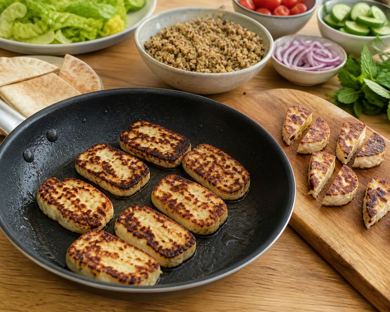 Charred Halloumi Quinoa Fattoush with Mint cooking step 4: Char the halloumi.