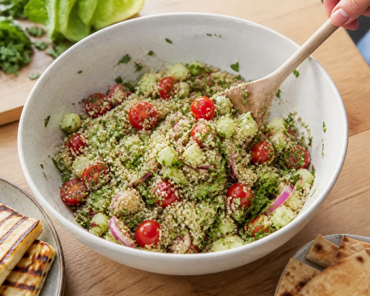 Charred Halloumi Quinoa Fattoush with Mint cooking step 5: Dress the quinoa.