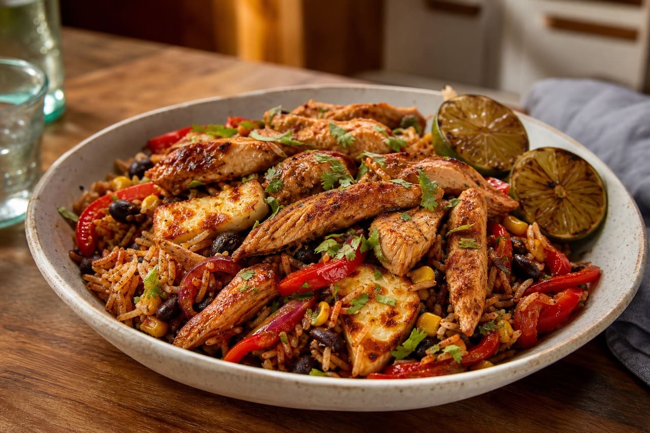 Sizzling Chicken Fajita Rice Bowls with Charred Lime.