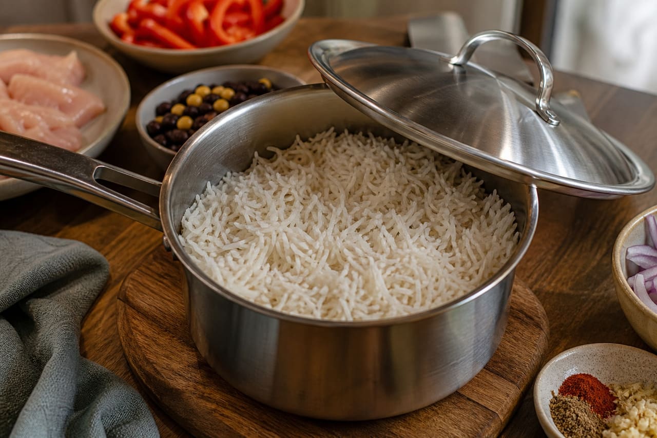 Sizzling Chicken Fajita Rice Bowls with Charred Lime cooking step 2: Cook the rice.