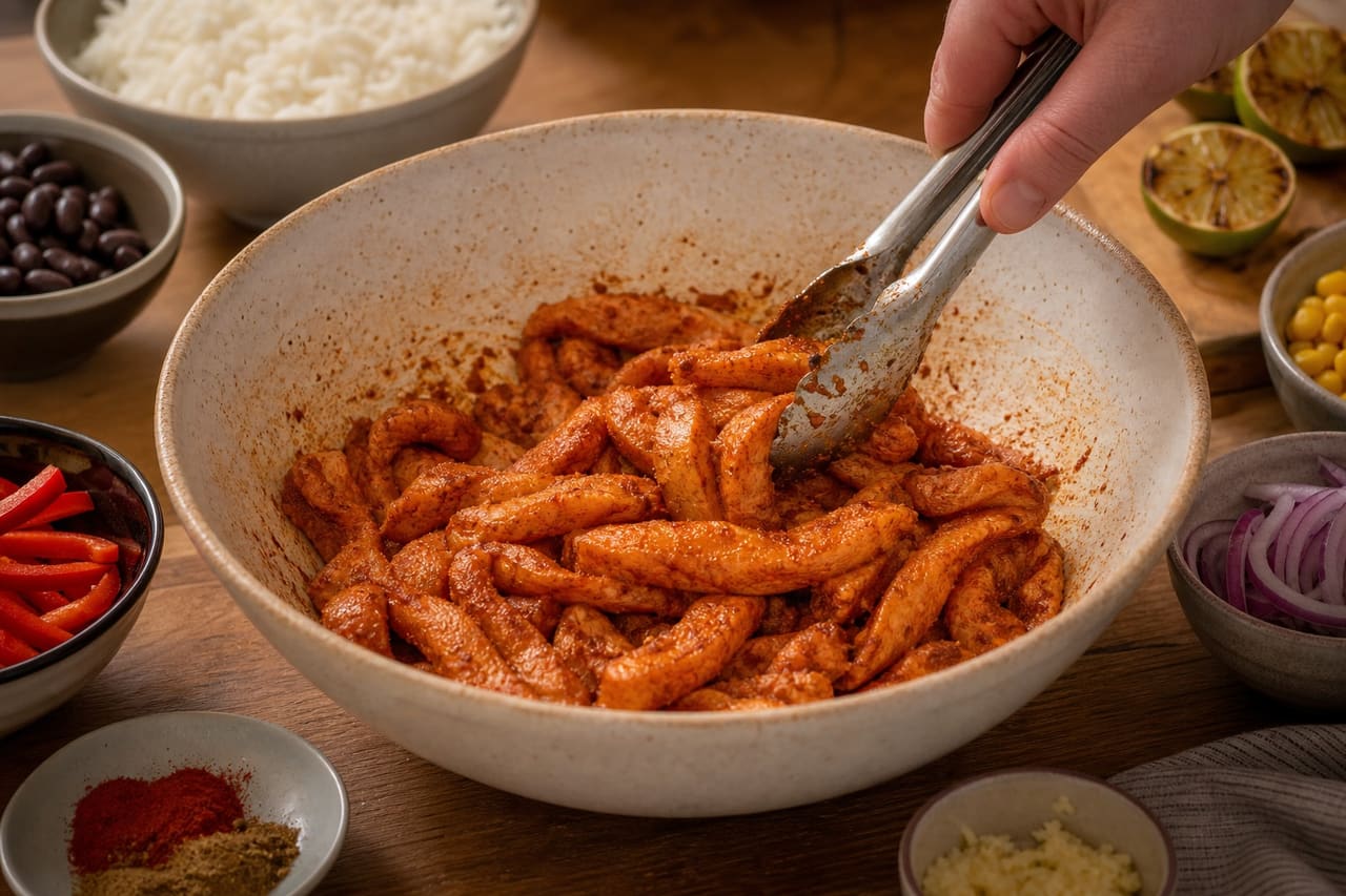 Sizzling Chicken Fajita Rice Bowls with Charred Lime cooking step 3: Season the chicken.