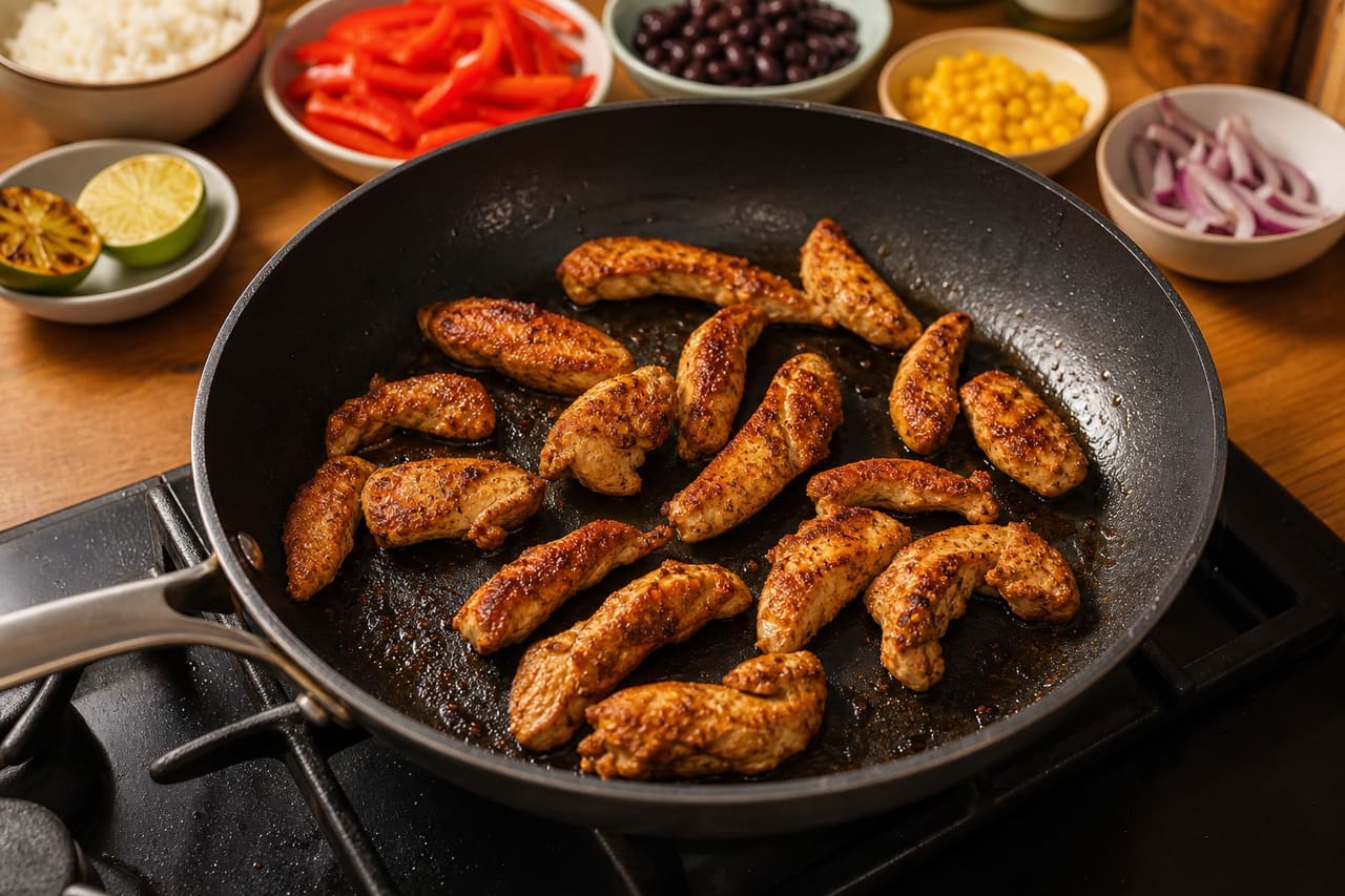 Sizzling Chicken Fajita Rice Bowls with Charred Lime cooking step 4: Sear until cooked.