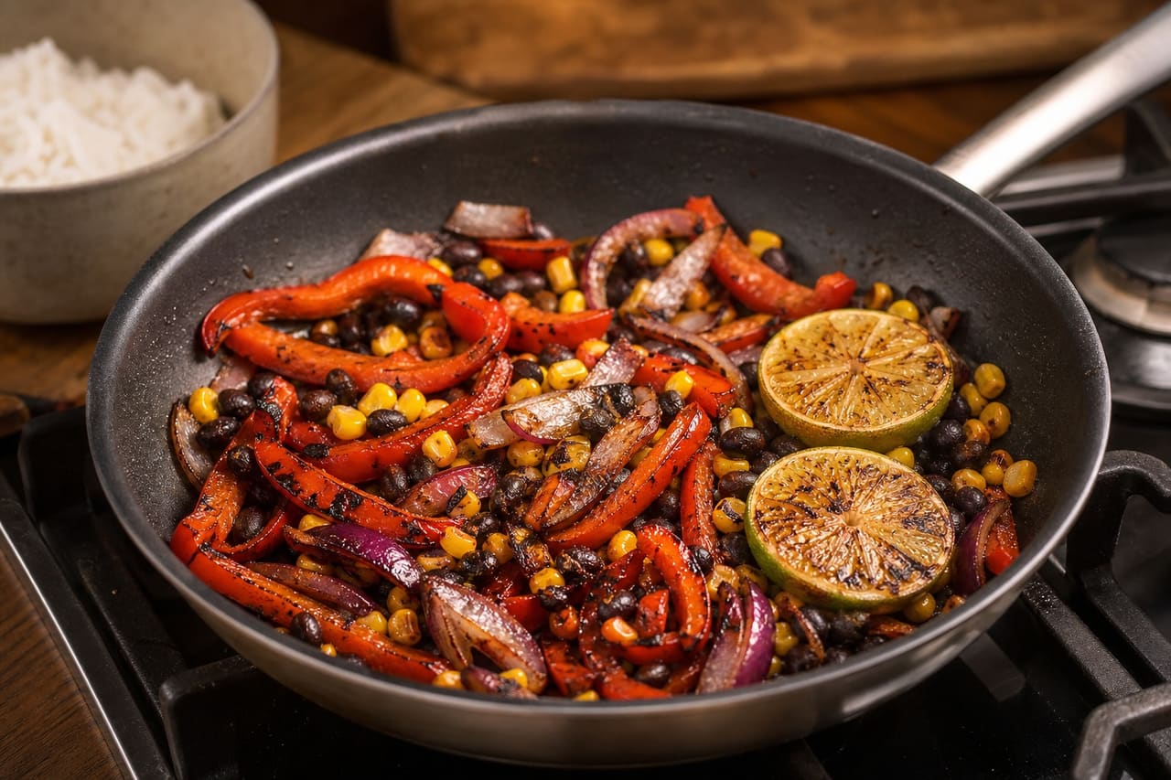 Sizzling Chicken Fajita Rice Bowls with Charred Lime cooking step 5: Char the vegetables and lime.