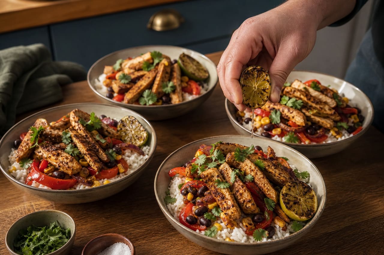 Sizzling Chicken Fajita Rice Bowls with Charred Lime cooking step 6: Assemble the bowls.