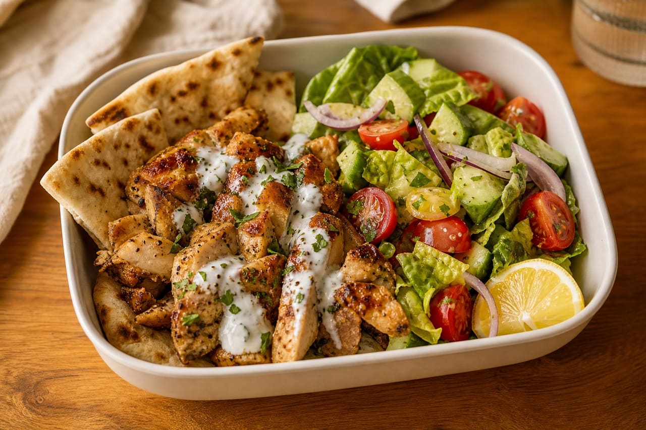 Chicken Gyros Flatbreads with Tomato Cucumber Salad.