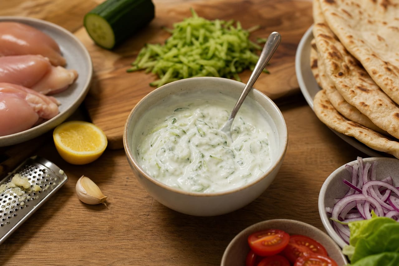 Chicken Gyros Flatbreads with Tomato Cucumber Salad cooking step 3: Make the garlic yoghurt.