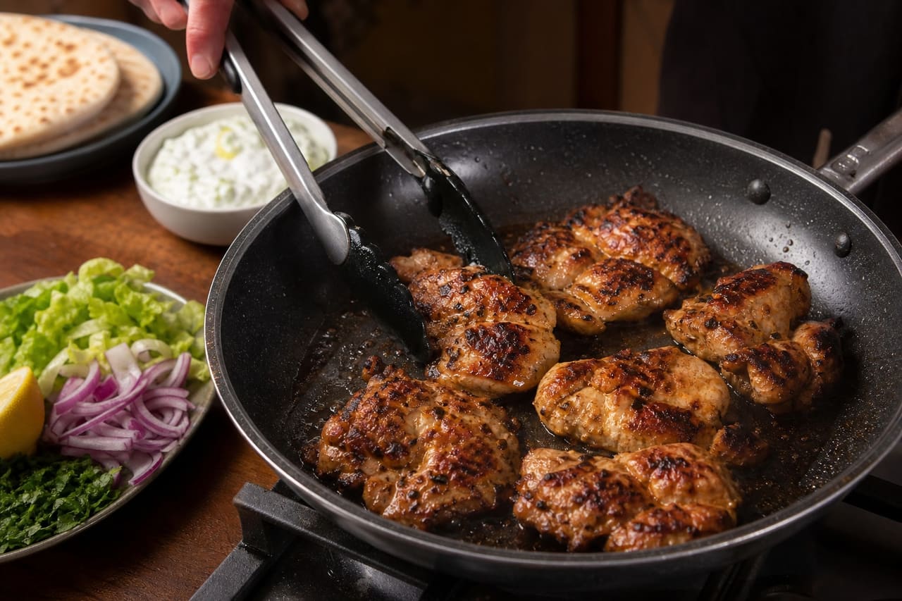 Chicken Gyros Flatbreads with Tomato Cucumber Salad cooking step 4: Char the chicken.
