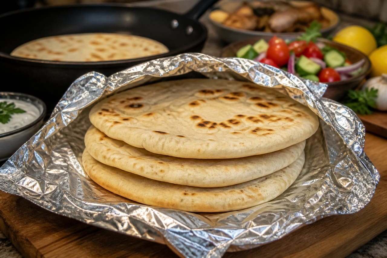 Chicken Gyros Flatbreads with Tomato Cucumber Salad cooking step 5: Warm the flatbreads.