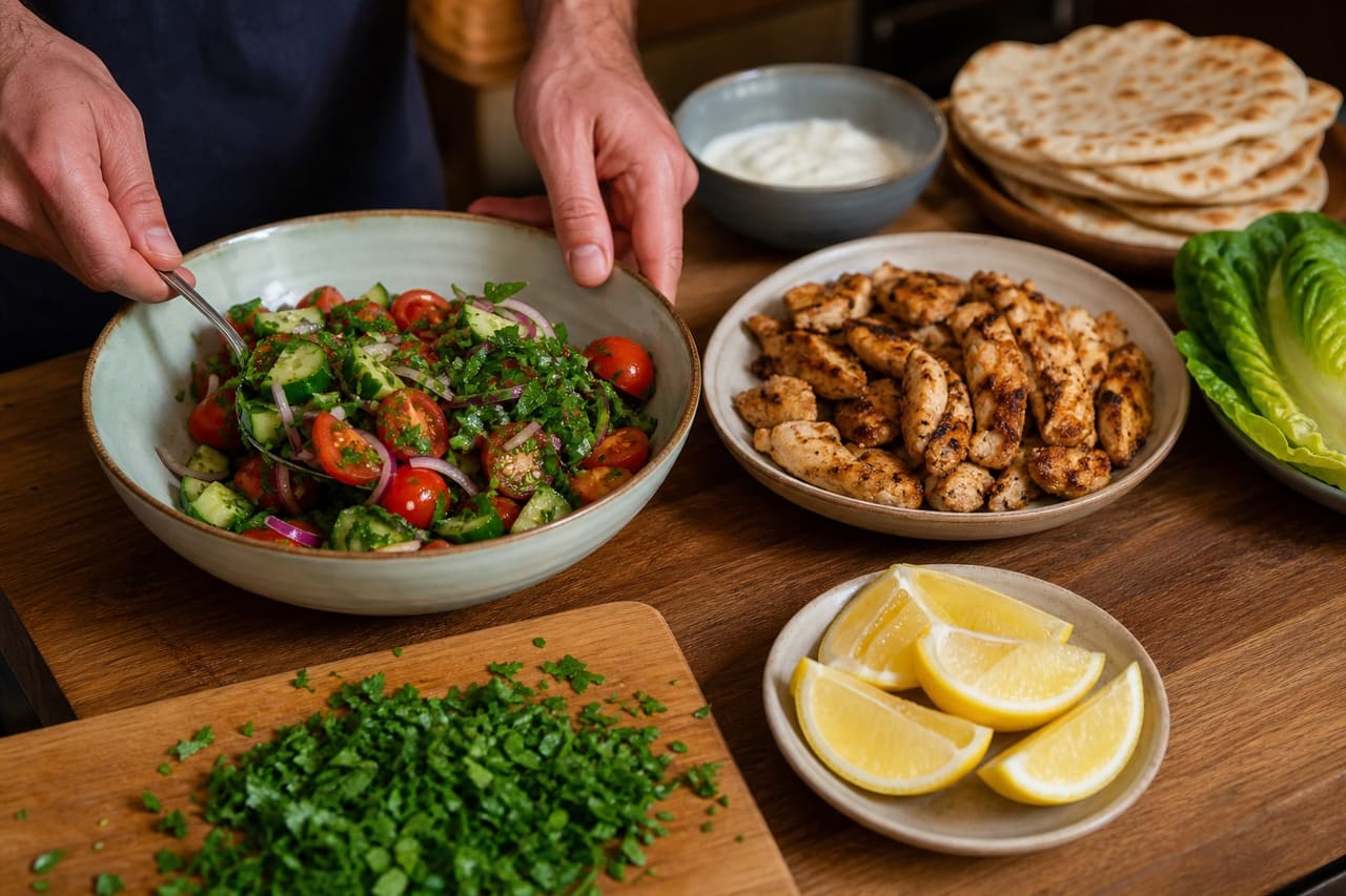 Chicken Gyros Flatbreads with Tomato Cucumber Salad cooking step 6: Add the fresh herbs.