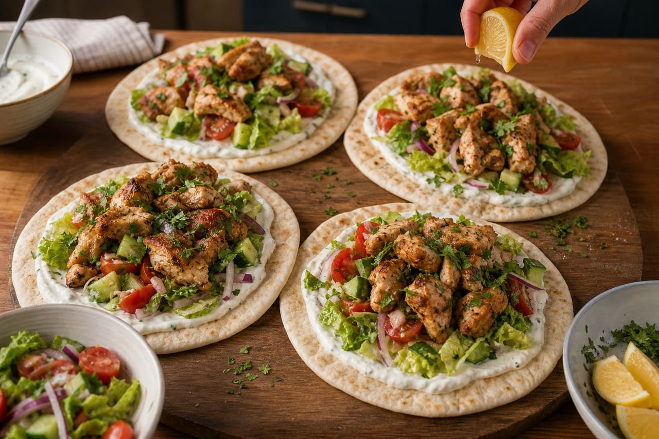 Chicken Gyros Flatbreads with Tomato Cucumber Salad cooking step 7: Build the flatbreads.