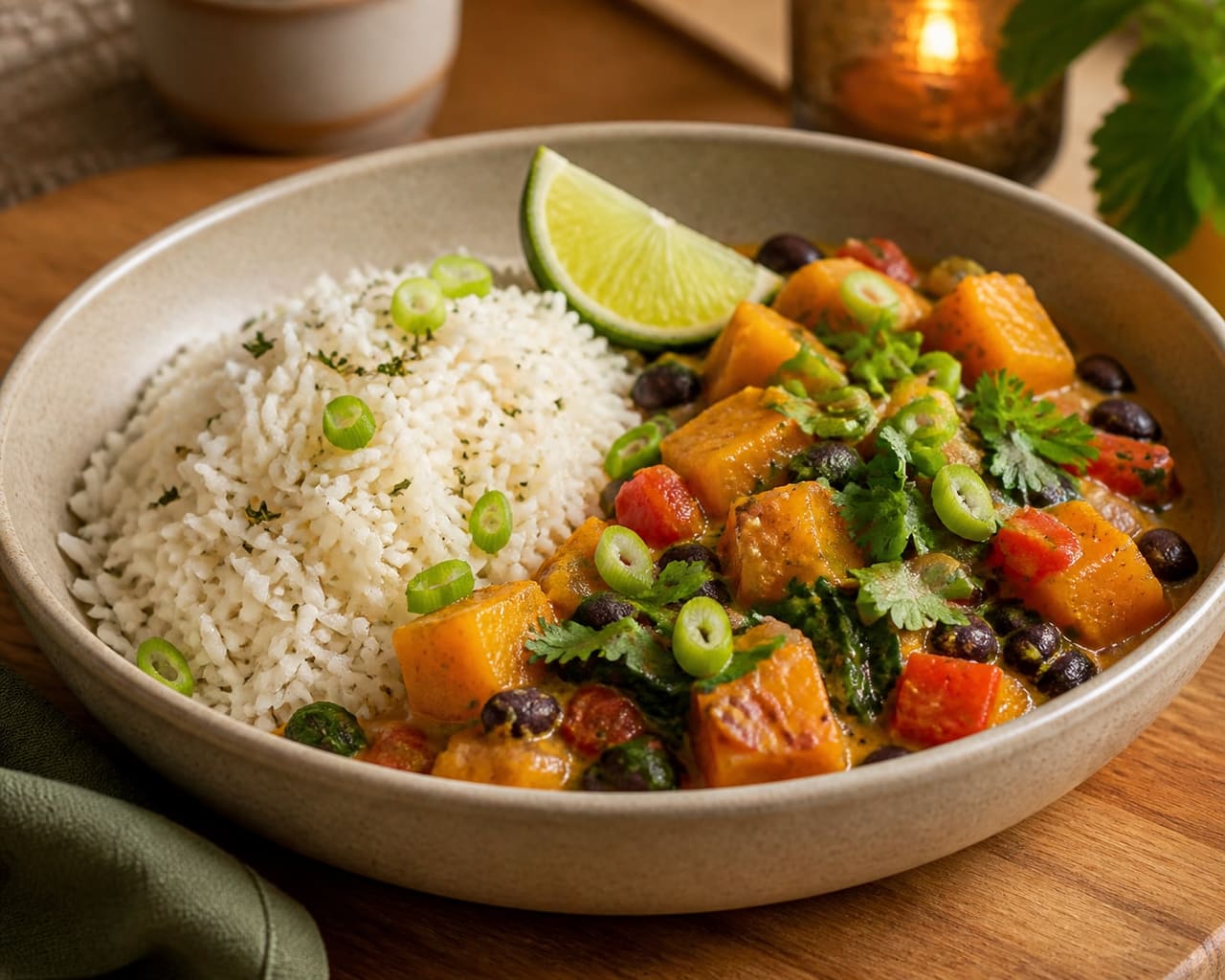 Coconut Squash and Black Bean Stew with Thyme Rice.
