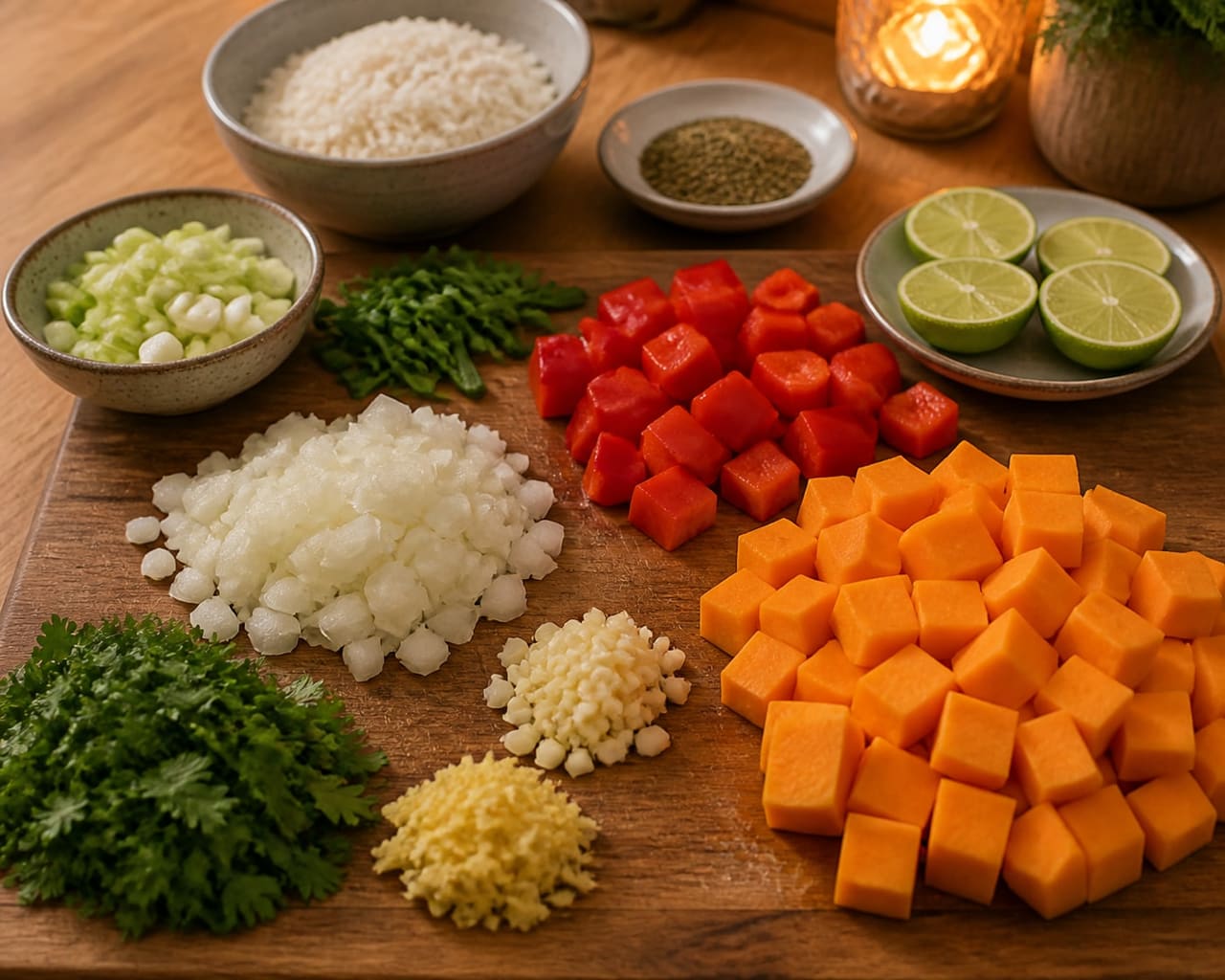 Coconut Squash and Black Bean Stew with Thyme Rice cooking step 2: Prepare the vegetables.