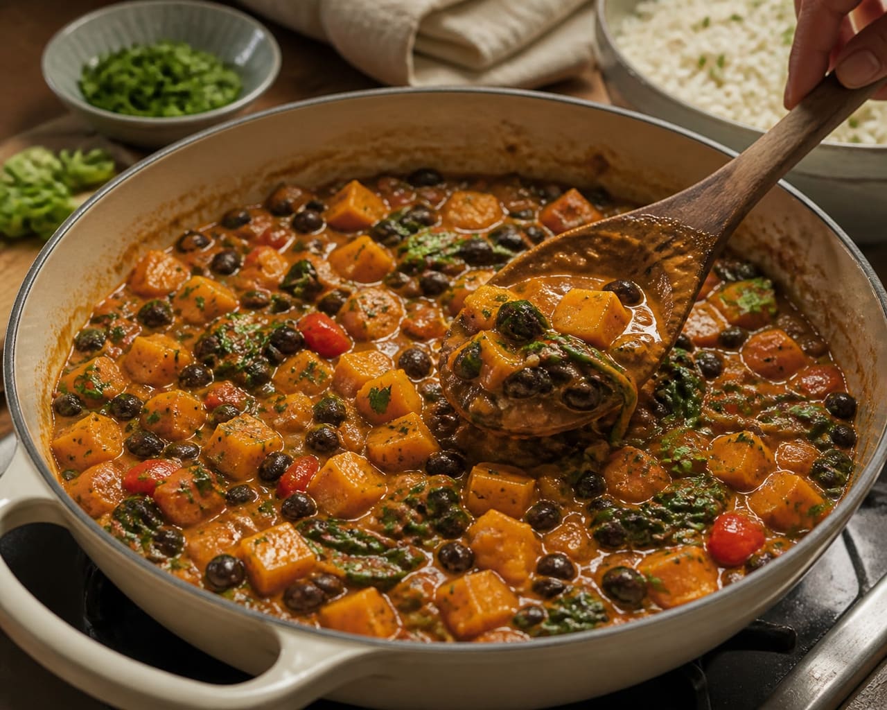 Coconut Squash and Black Bean Stew with Thyme Rice cooking step 6: Add the beans and spinach.