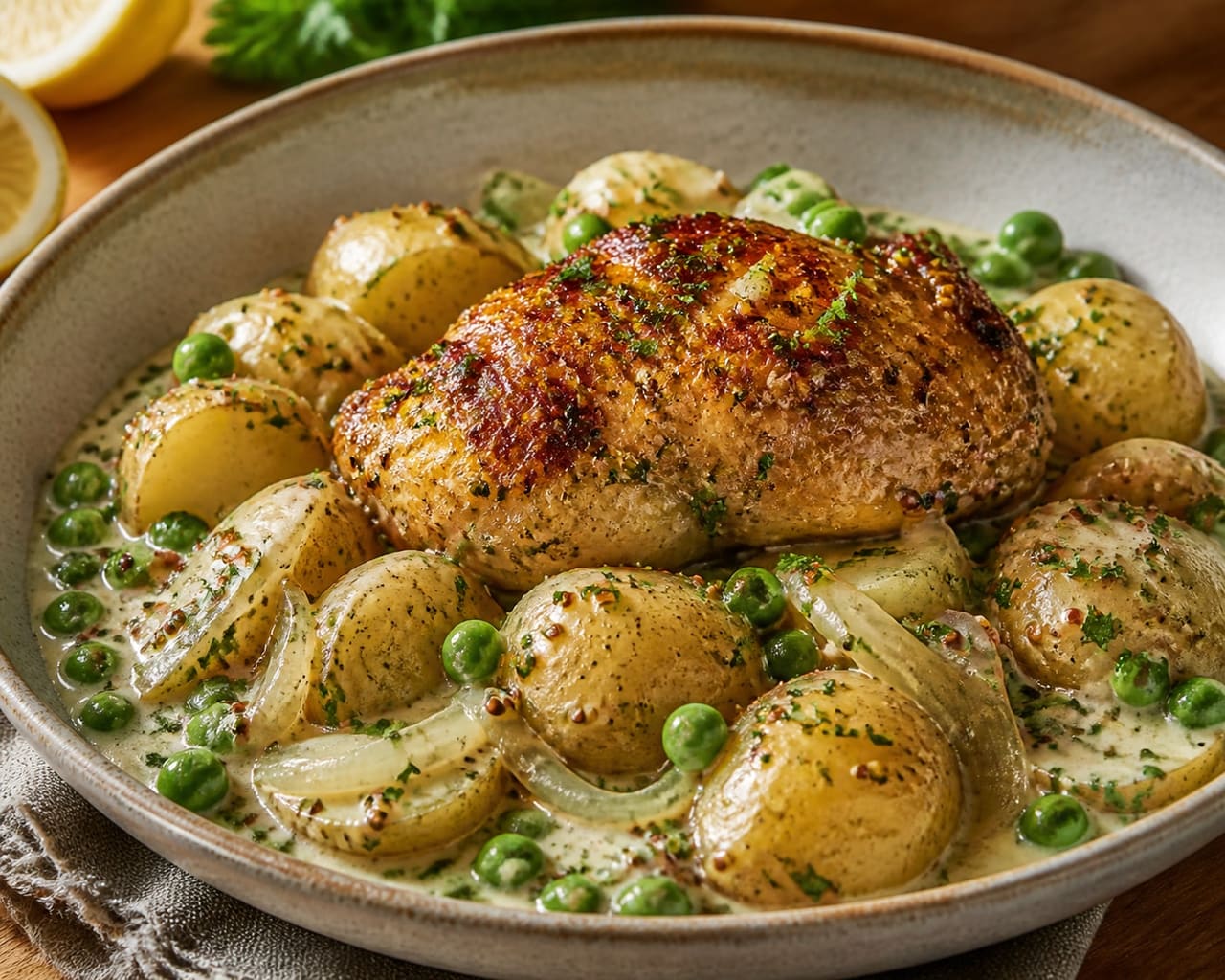 Creamy Mustard Chicken and Potato Pot with Parsley Peas.