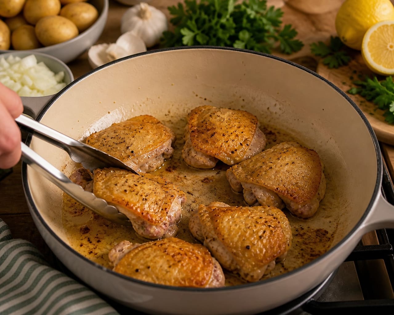 Creamy Mustard Chicken and Potato Pot with Parsley Peas cooking step 2: Brown the chicken.