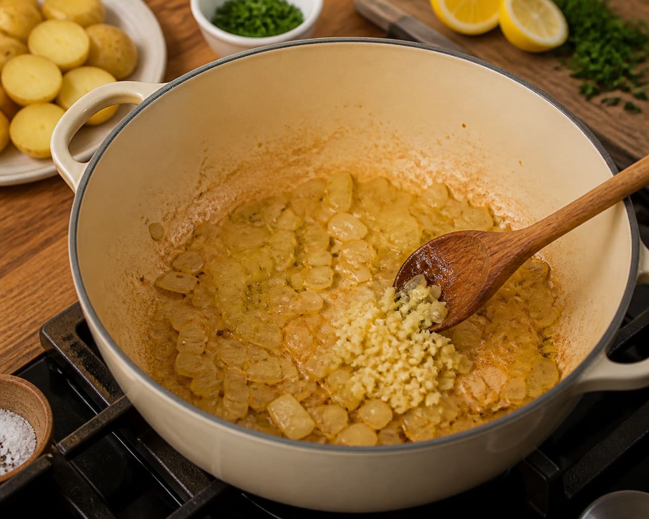 Creamy Mustard Chicken and Potato Pot with Parsley Peas cooking step 3: Soften the onions.
