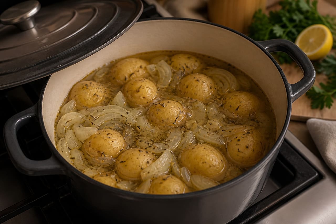 Creamy Mustard Chicken and Potato Pot with Parsley Peas cooking step 4: Start the potatoes.