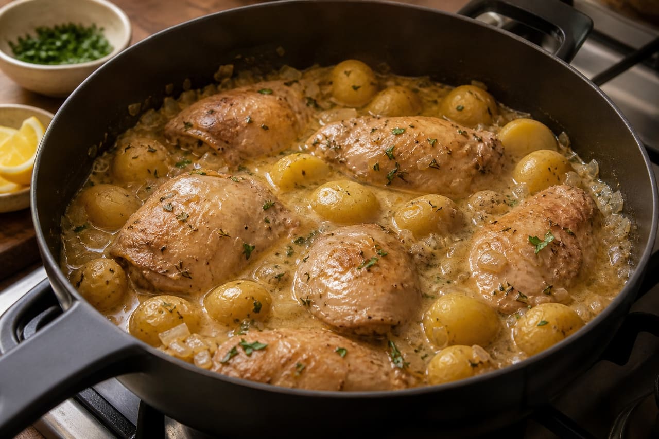 Creamy Mustard Chicken and Potato Pot with Parsley Peas cooking step 5: Simmer the chicken.