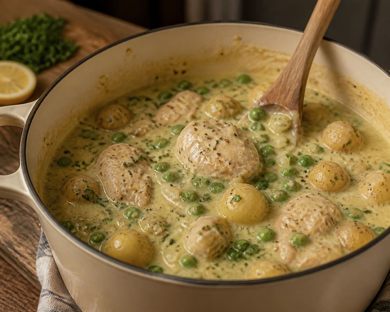 Creamy Mustard Chicken and Potato Pot with Parsley Peas cooking step 6: Finish the mustard sauce.