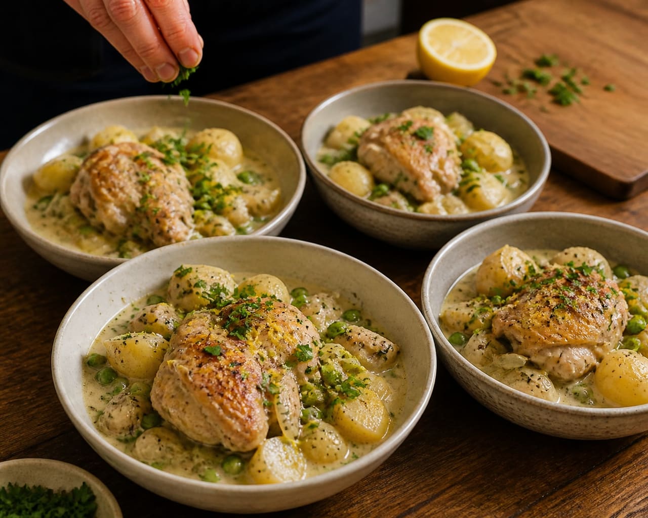 Creamy Mustard Chicken and Potato Pot with Parsley Peas cooking step 7: Add lemon and serve.
