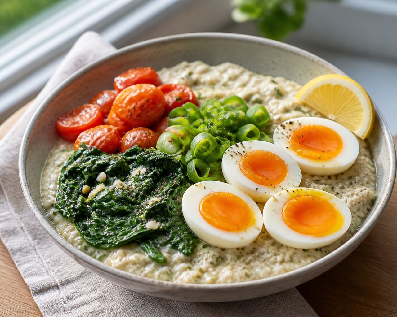 Creamy Spinach Savoury Oats with Jammy Eggs and Burst Tomatoes.