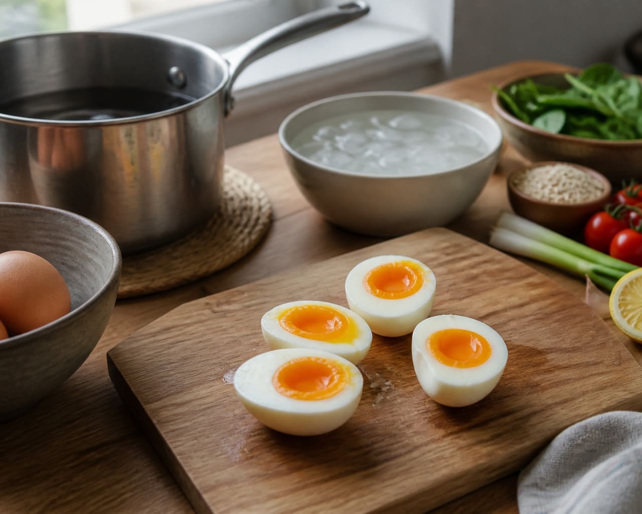 Creamy Spinach Savoury Oats with Jammy Eggs and Burst Tomatoes cooking step 2: Cook the jammy eggs.