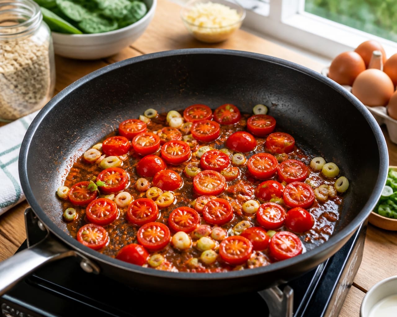 Creamy Spinach Savoury Oats with Jammy Eggs and Burst Tomatoes cooking step 3: Burst the tomatoes.