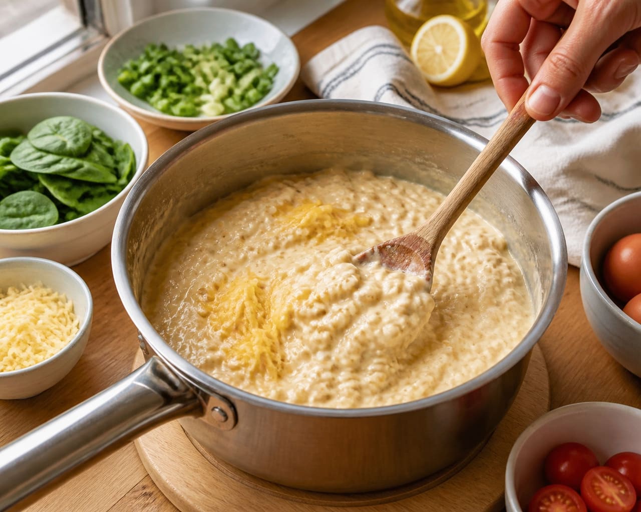Creamy Spinach Savoury Oats with Jammy Eggs and Burst Tomatoes cooking step 4: Make the creamy savoury oats.