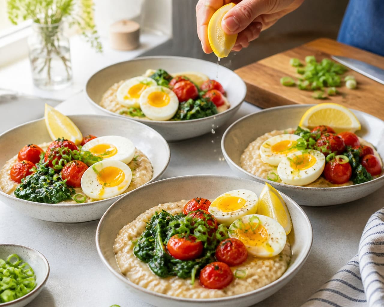 Creamy Spinach Savoury Oats with Jammy Eggs and Burst Tomatoes cooking step 5: Wilt and serve.