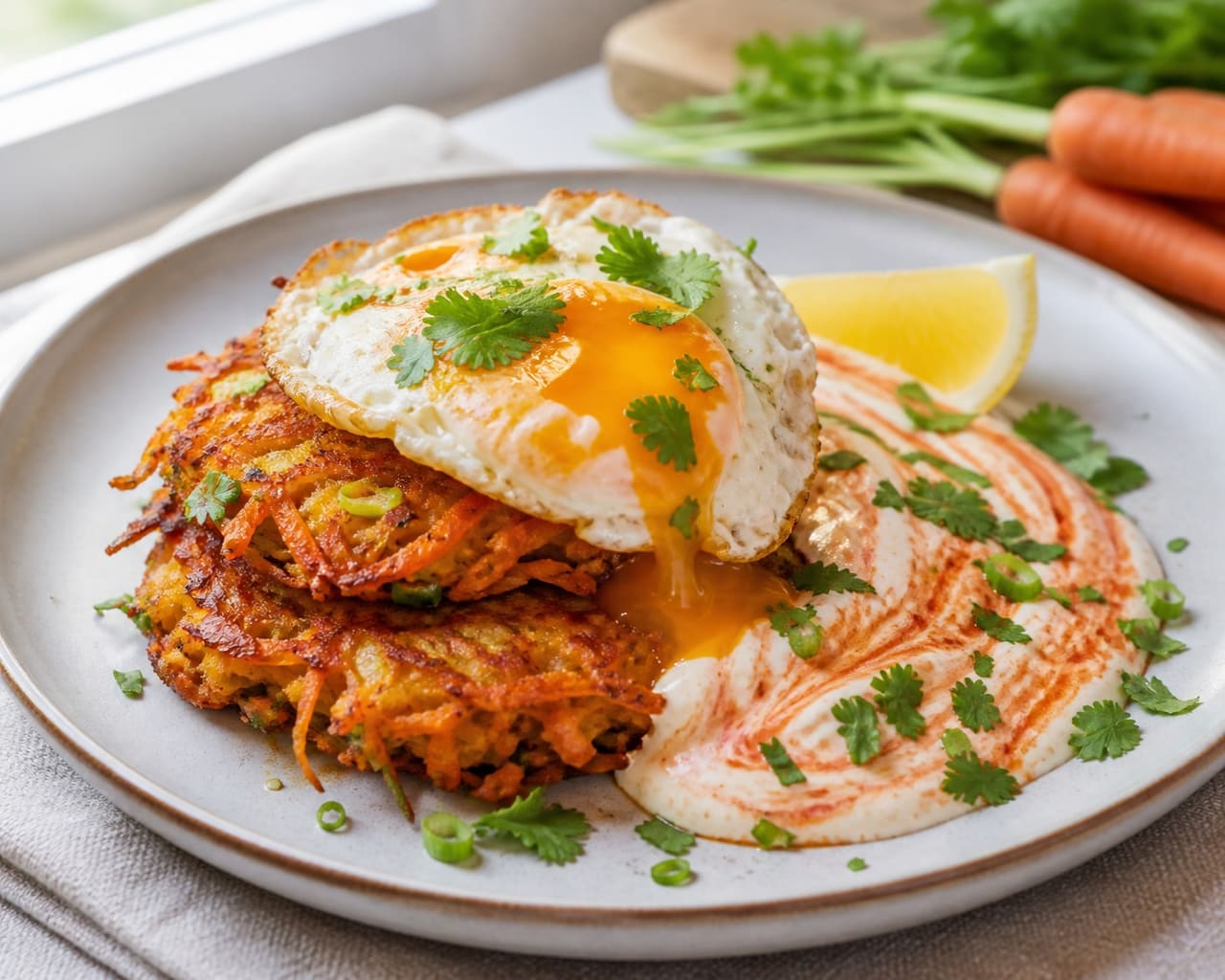 Crispy Carrot Cheddar Fritters with Harissa Yoghurt.