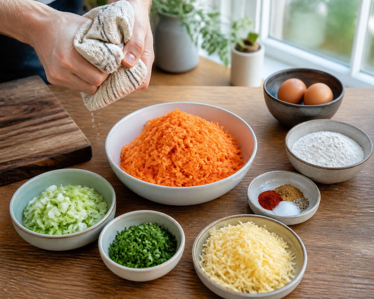 Crispy Carrot Cheddar Fritters with Harissa Yoghurt cooking guide image for prepare the vegetables.