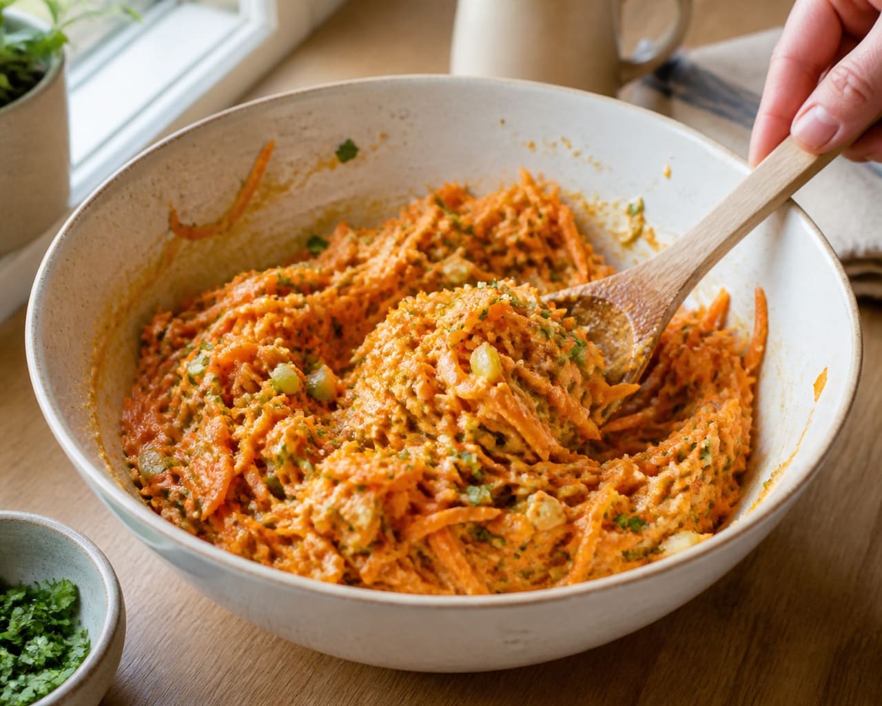 Crispy Carrot Cheddar Fritters with Harissa Yoghurt cooking guide image for mix the fritters.