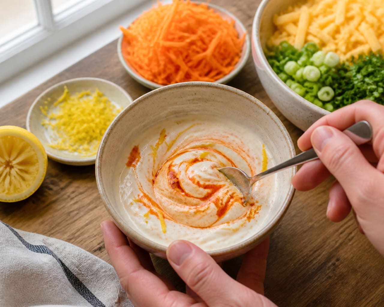 Crispy Carrot Cheddar Fritters with Harissa Yoghurt cooking guide image for make the harissa yoghurt.