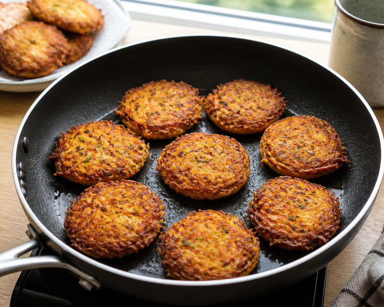 Crispy Carrot Cheddar Fritters with Harissa Yoghurt cooking guide image for fry until crisp.