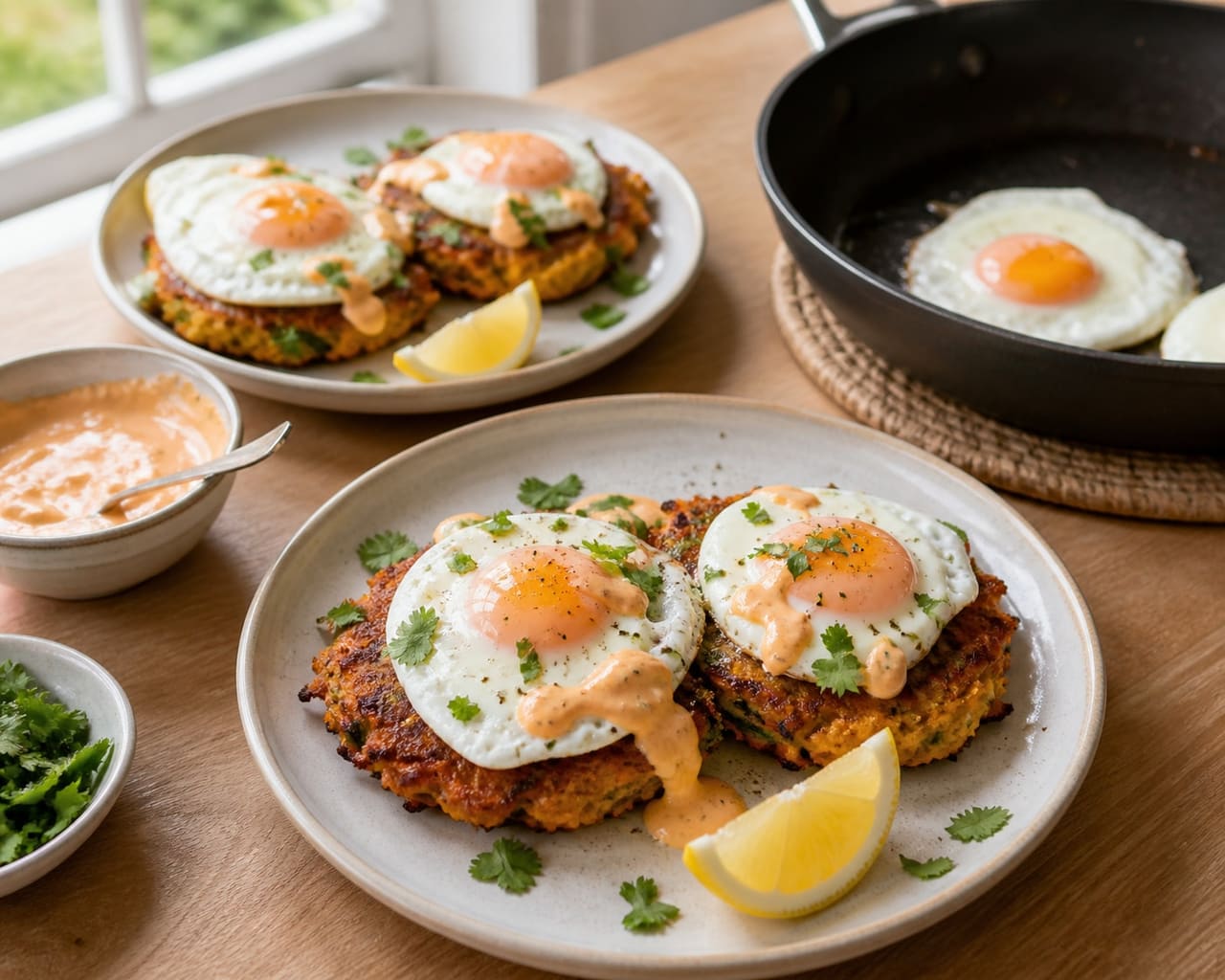 Crispy Carrot Cheddar Fritters with Harissa Yoghurt cooking guide image for fry the eggs and serve.