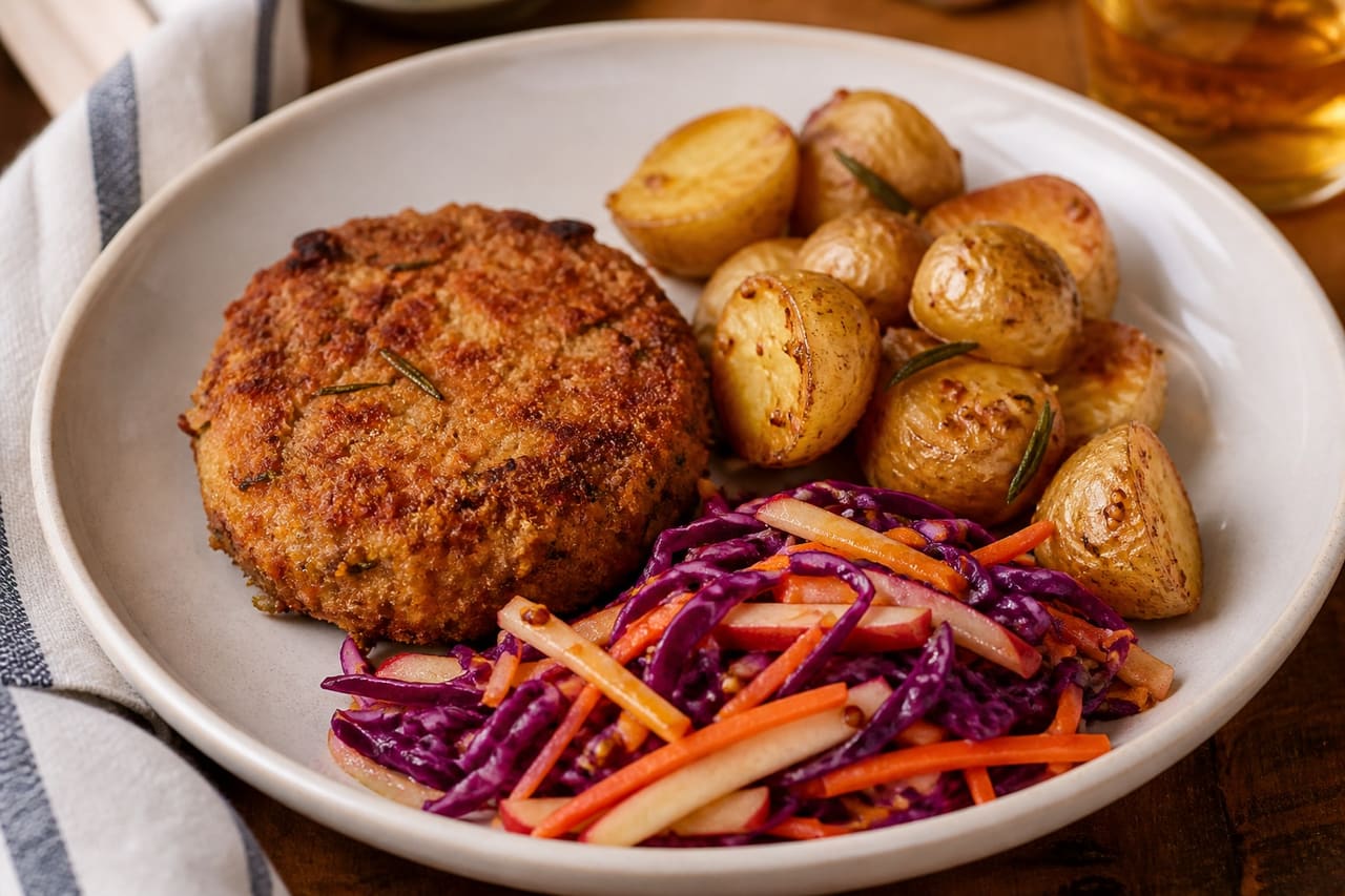Crispy Rosemary Pork Patties with Apple Cabbage Slaw.