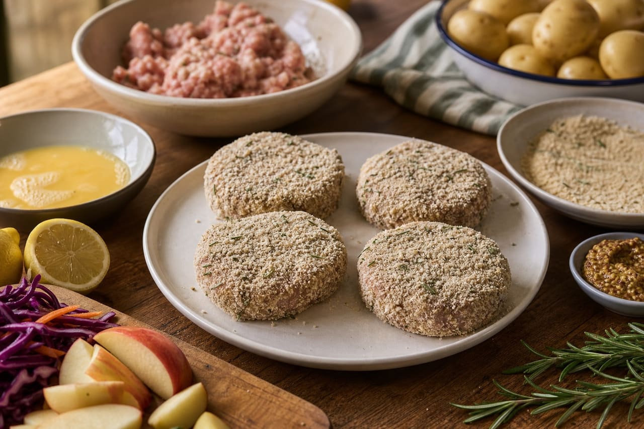 Crispy Rosemary Pork Patties with Apple Cabbage Slaw cooking step 4: Shape and coat the pork.
