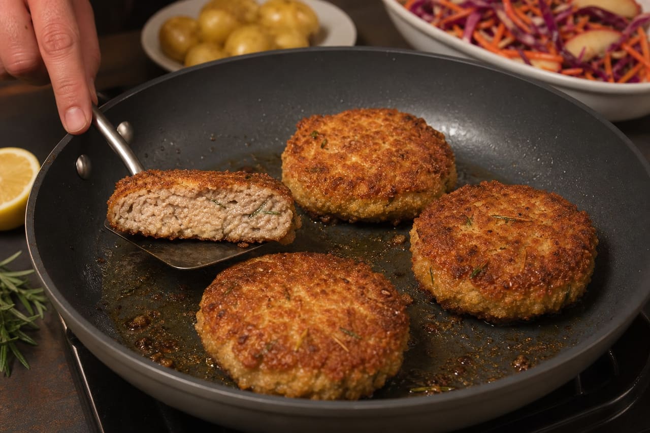 Crispy Rosemary Pork Patties with Apple Cabbage Slaw cooking step 5: Fry until crisp and cooked.