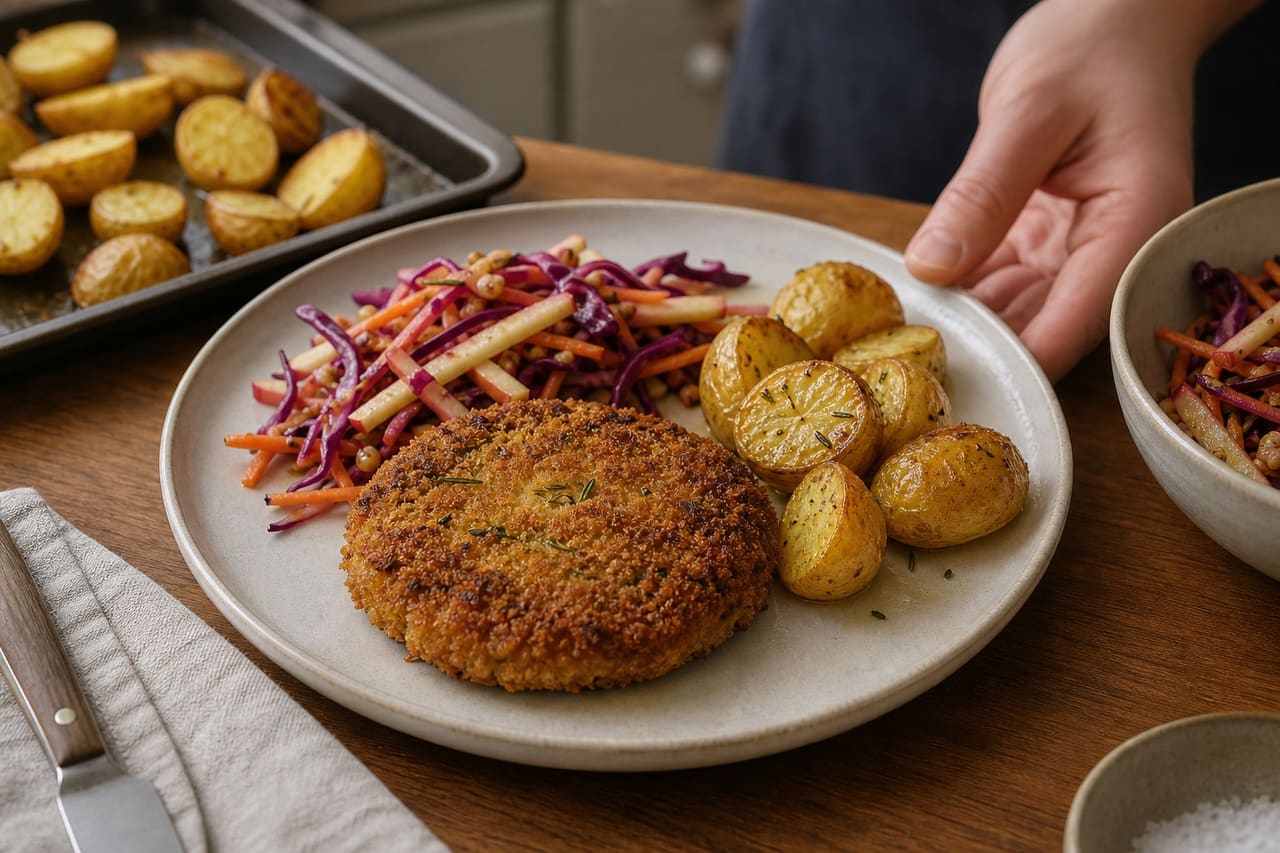 Crispy Rosemary Pork Patties with Apple Cabbage Slaw cooking step 6: Serve with slaw and potatoes.
