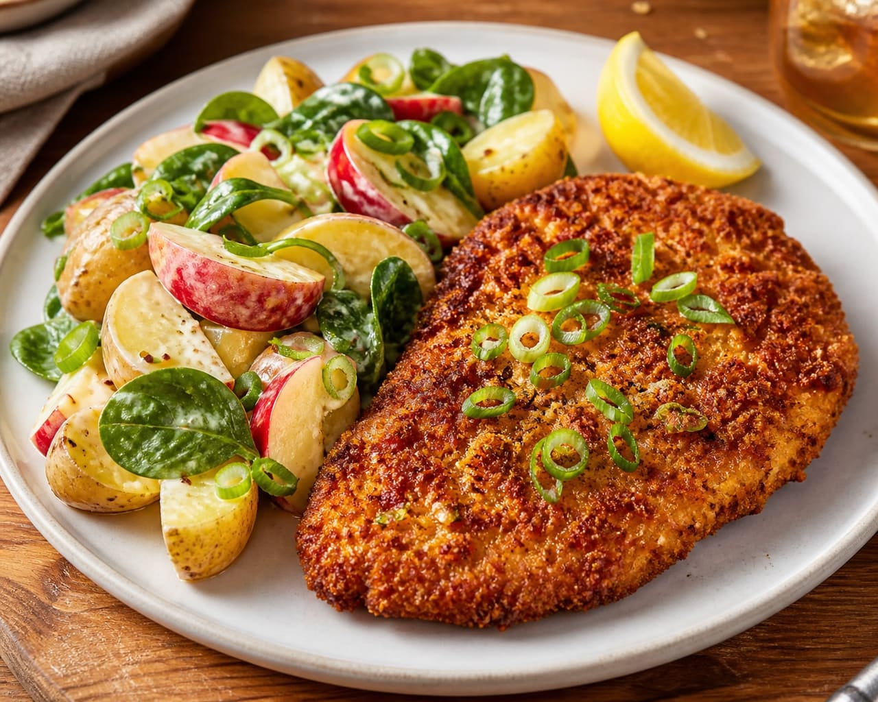Crispy Mustard Turkey Schnitzel with Apple Potato Salad.