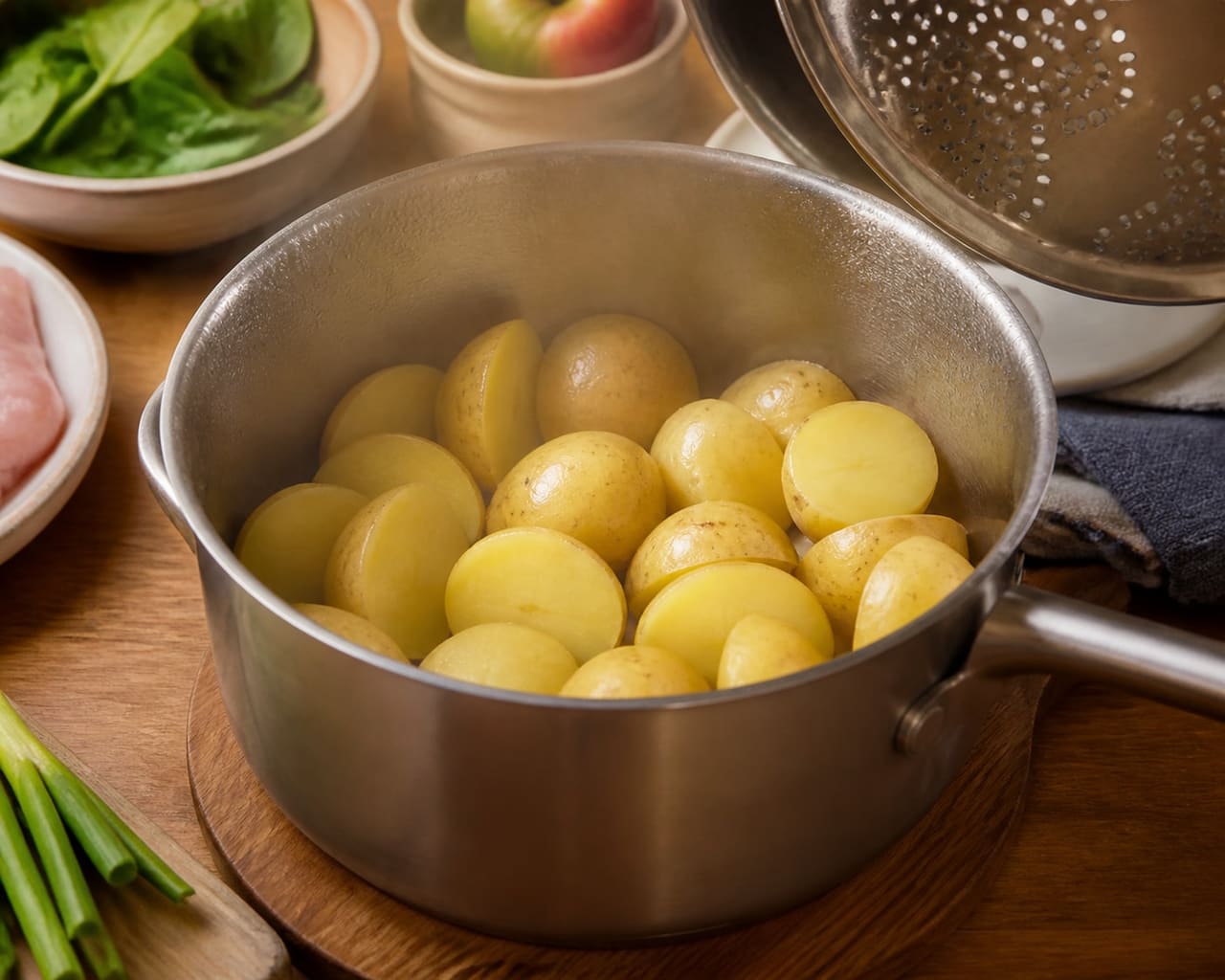 Crispy Mustard Turkey Schnitzel with Apple Potato Salad cooking step 1: Cook the potatoes.