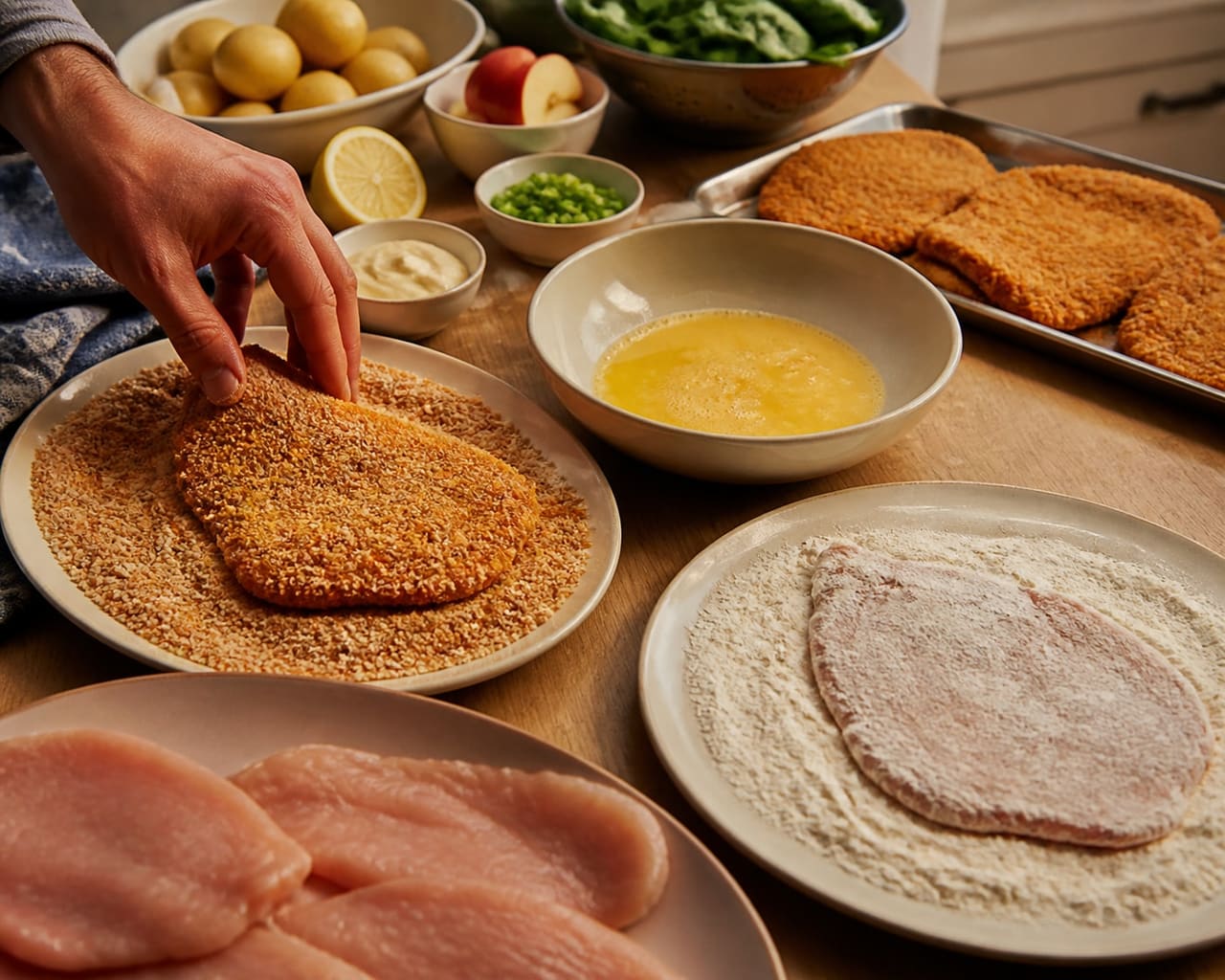 Crispy Mustard Turkey Schnitzel with Apple Potato Salad cooking step 4: Crumb the schnitzels.