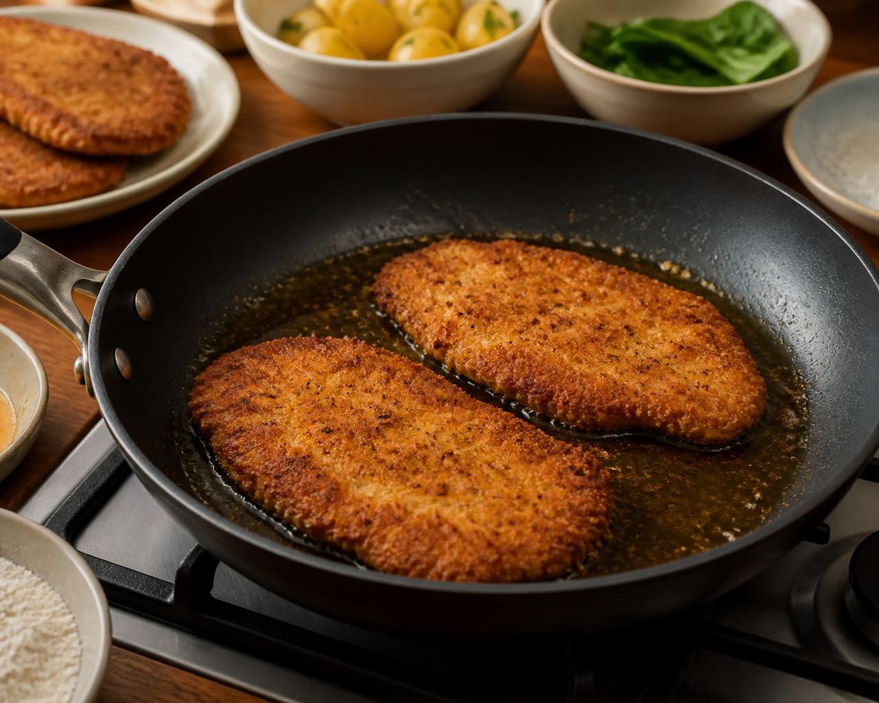 Crispy Mustard Turkey Schnitzel with Apple Potato Salad cooking step 5: Fry until golden.