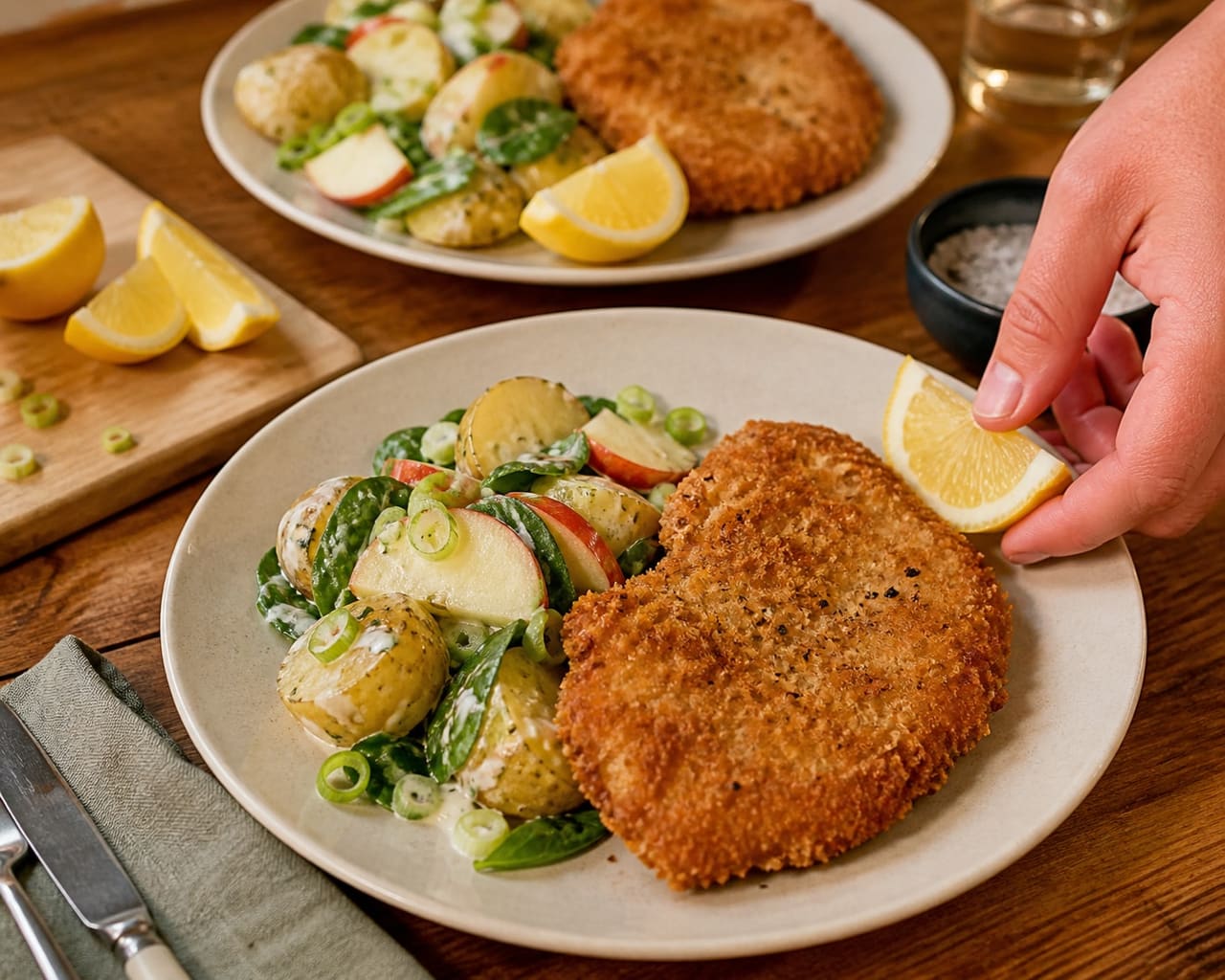 Crispy Mustard Turkey Schnitzel with Apple Potato Salad cooking step 7: Serve with lemon.