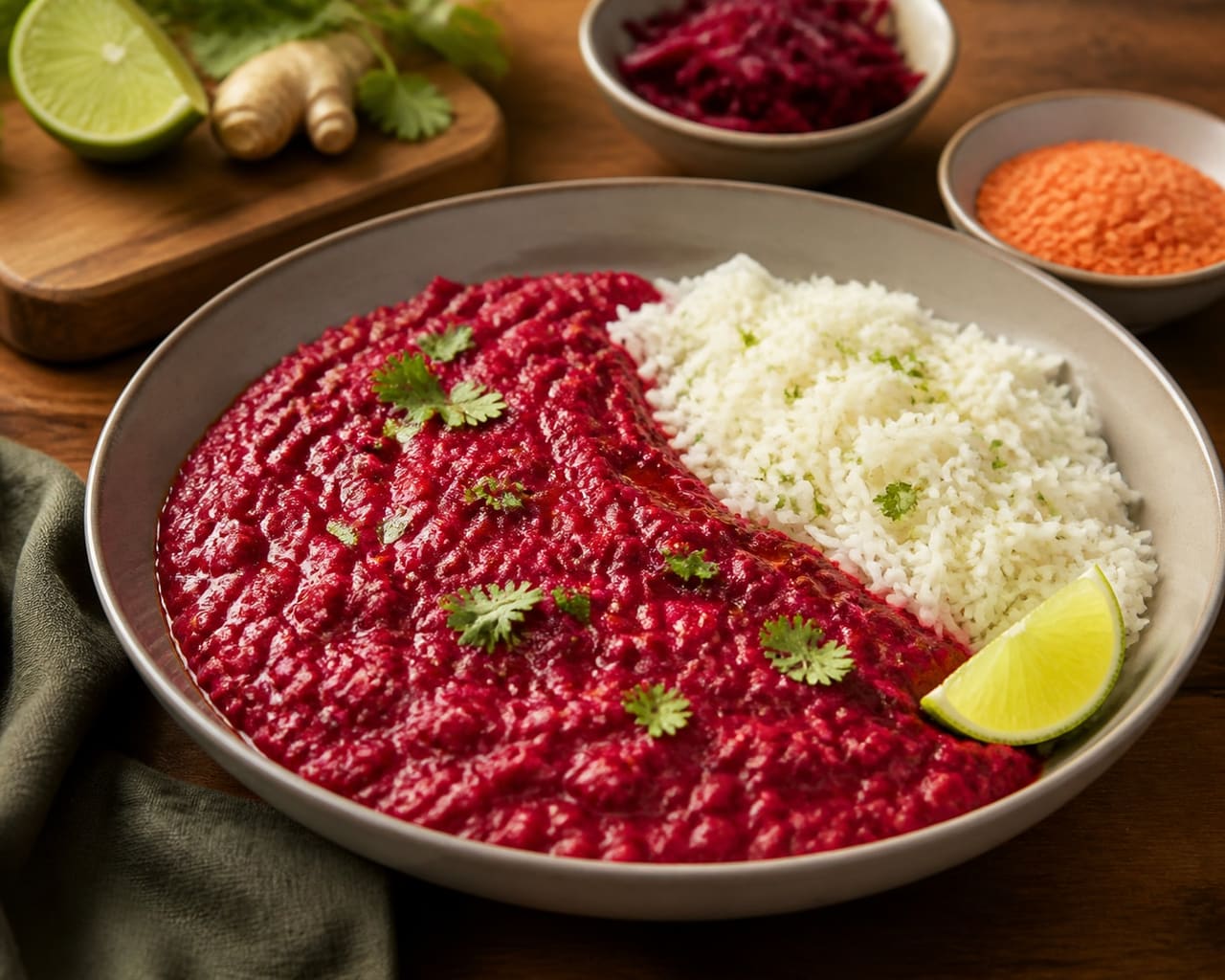 Fragrant Beetroot Red Lentil Curry with Lime Rice.