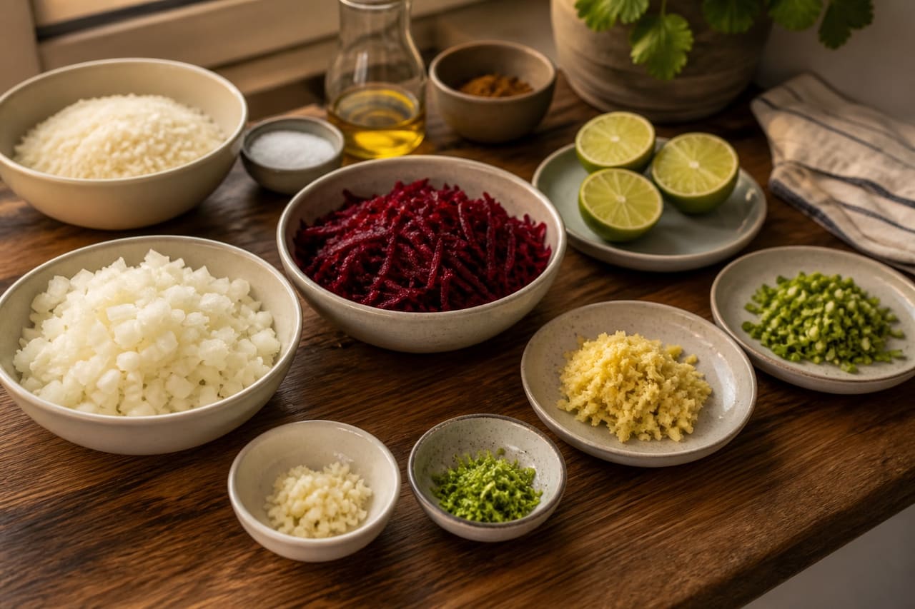 Fragrant Beetroot Red Lentil Curry with Lime Rice cooking step 2: Prepare the aromatics.