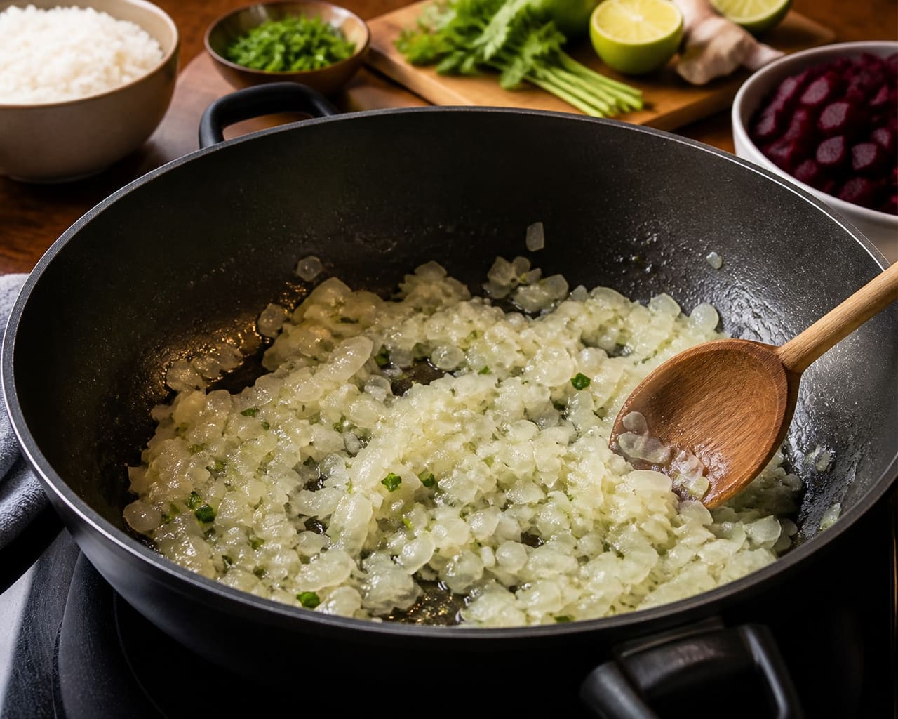 Fragrant Beetroot Red Lentil Curry with Lime Rice cooking step 3: Soften the onion.