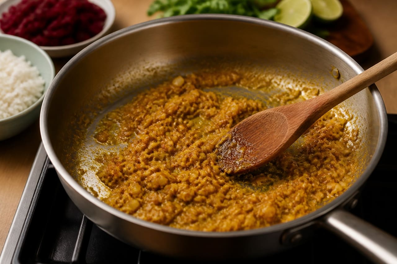 Fragrant Beetroot Red Lentil Curry with Lime Rice cooking step 4: Bloom the spices.