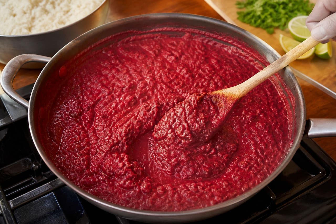 Fragrant Beetroot Red Lentil Curry with Lime Rice cooking step 5: Simmer the curry.