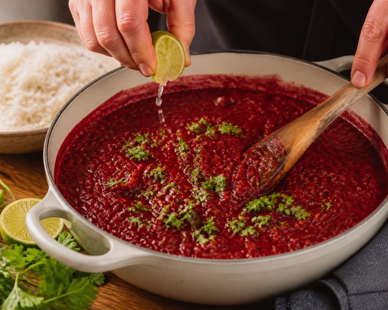 Fragrant Beetroot Red Lentil Curry with Lime Rice cooking step 6: Add the fresh finish.